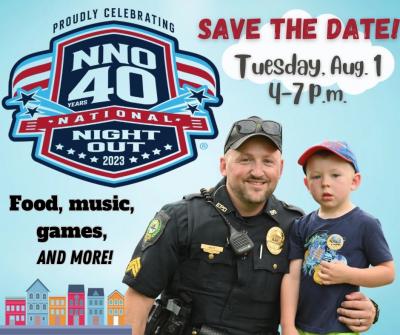 poster showing national night out with a police officer and child smiling for the camera 