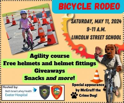 Bike Rodeo flyer reading Saturday May 11th from 9 am to 11 AM at Lincoln Street School