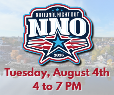 aerial shot of Exeter showing National Night Out logo in red white and blue with text reading Tuesday, August 4th 4 to 7 PM