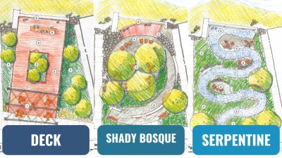 a side by side comparison showing three different designs for the park, one with a deck, one with a snail design, and a snake