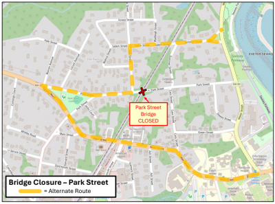 Map showing streets in Exeter with Park Street Bridge closed