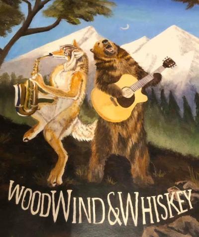 A wolf playing the saxophone and a bear playing the guitar