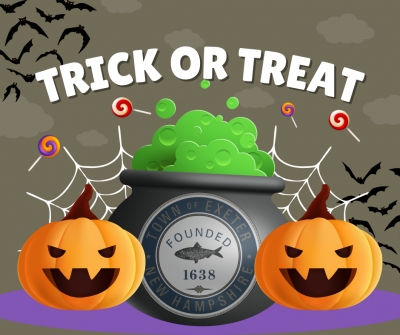 The words "trick or treat" appear above a bubbling cauldron and two bright pumpkins