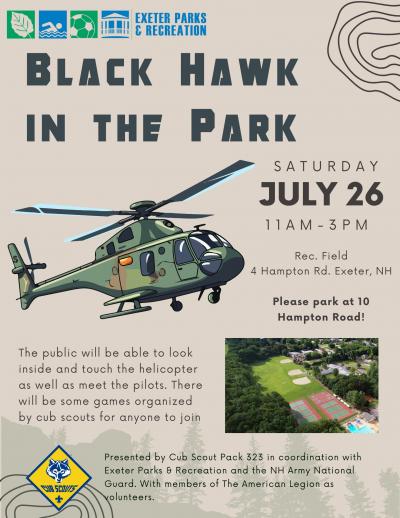 flyer for black hawk in the park with text and a photo of a black hawk helicopter