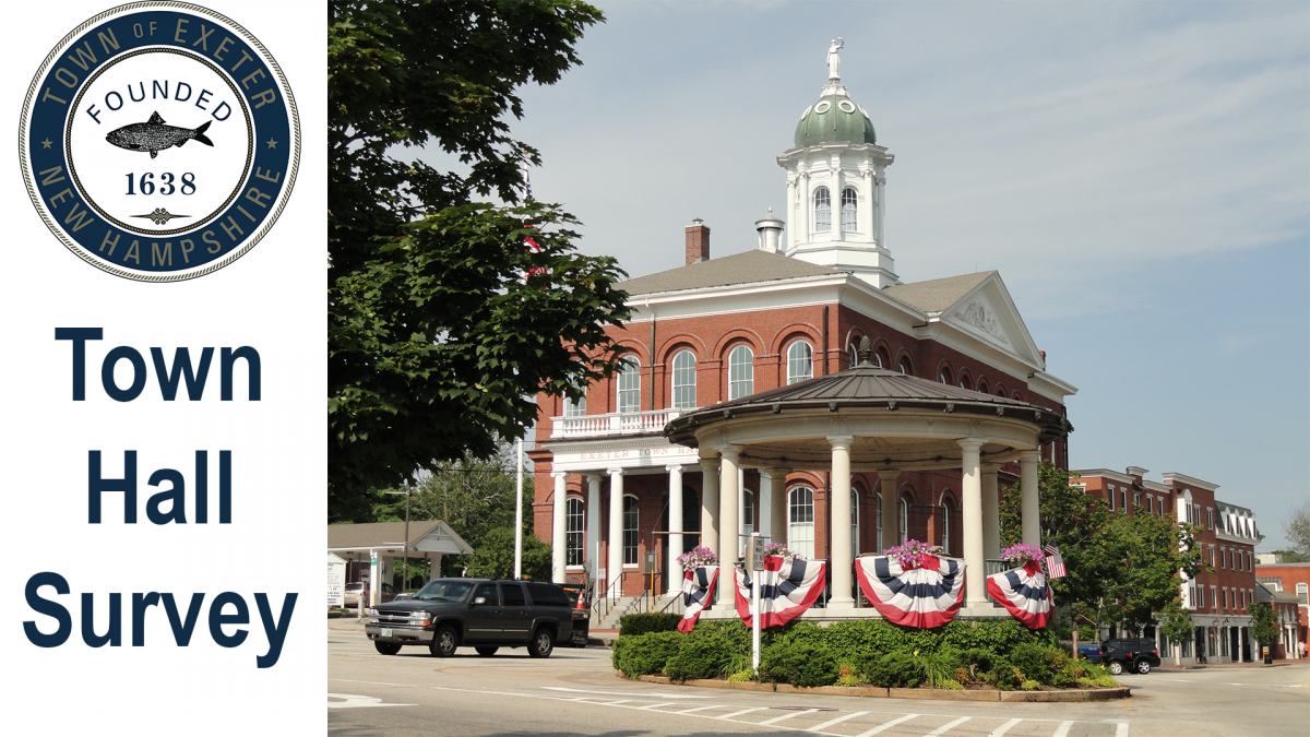 Photo of the Exeter Town Hall, the Town Seal, and the words Town Hall Survey. 